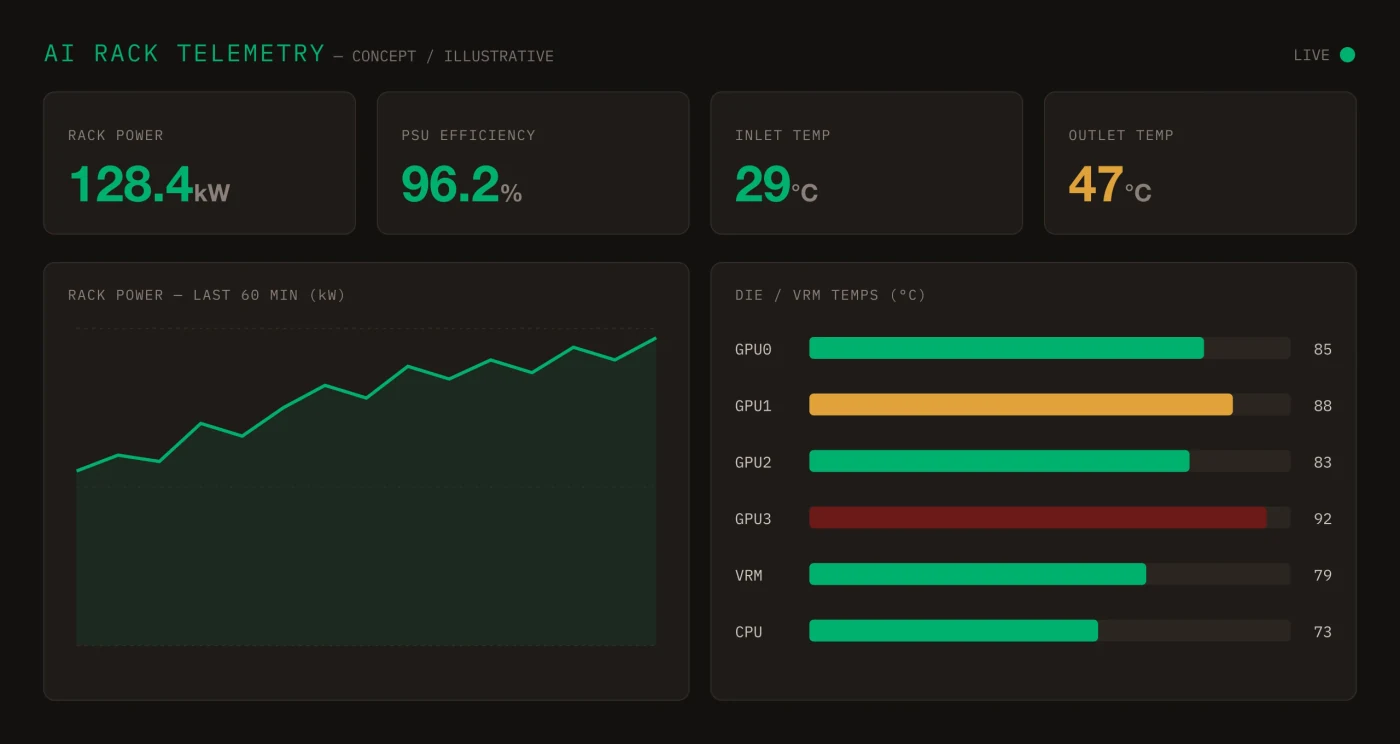 Rack telemetry dashboard concept, multi-channel thermal and power monitoring for AI server validation (GSAS Micro Systems, India)