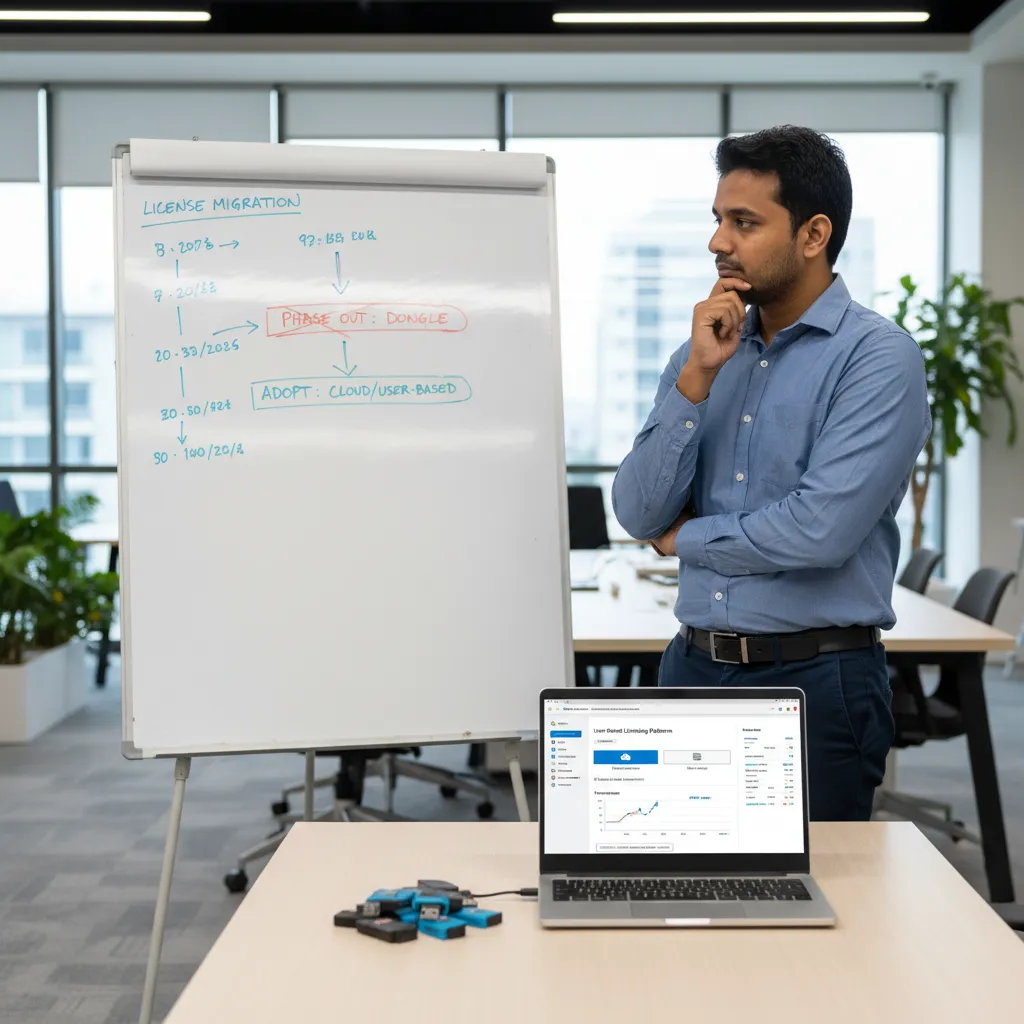 Indian Cortex-M firmware engineering manager at a Bengaluru product office reviewing the FlexNet Node-Locked → User-Based Licensing migration timeline alongside a UBL admin dashboard showing CLS and LLS deployment options