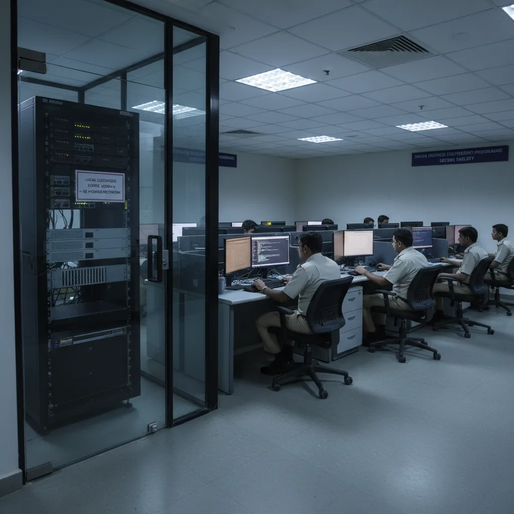 Indian air-gapped defence engineering programme office in Hyderabad with a Local License Server rack in a secure room separated from the engineering workstation floor where Cortex-R safety firmware is being developed