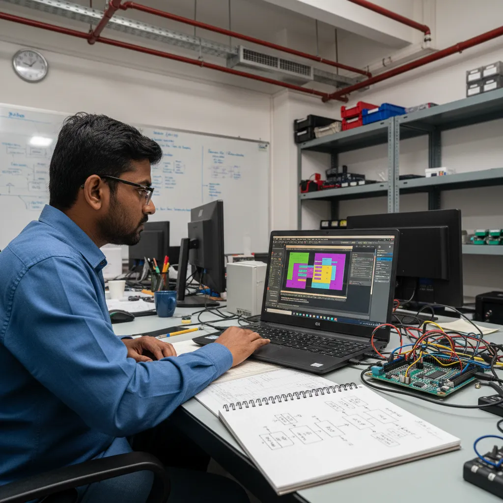 Indian medical-device firmware engineer at a Chennai class-C product office debugging an Arm FuSa RTS application on a Cortex-M33 evaluation board with the Keil MDK debugger and event-recorder thread-watchdog output