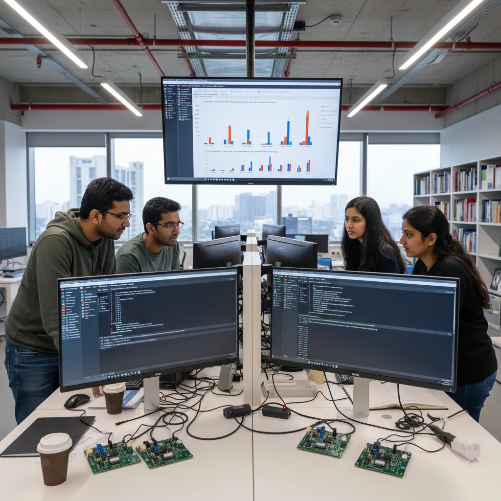 Indian compiler-evaluation lab at a Bengaluru semiconductor design centre comparing the LLVM-based Arm Toolchain for Embedded with the Arm Compiler 6 baseline on side-by-side workstations with benchmark graphs