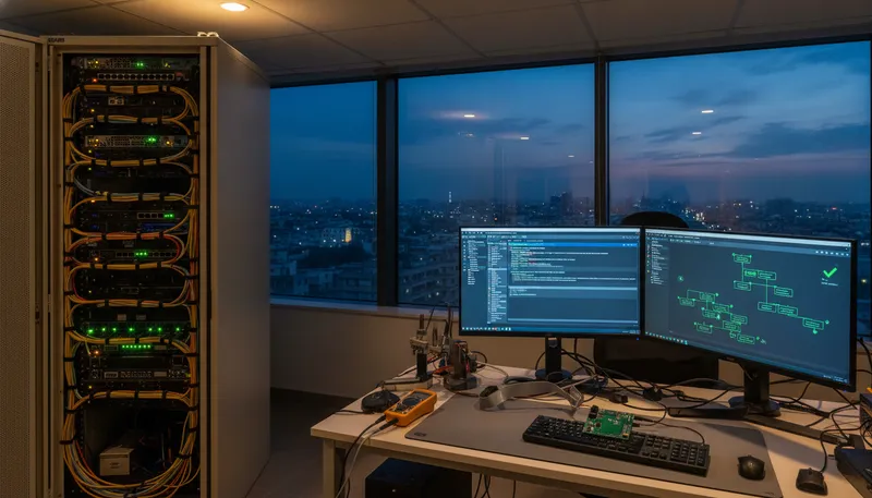 A build server rack beside a firmware engineer's CI dashboard in an Indian embedded lab at dusk, the Arm User-Based Licensing pipeline setup GSAS Micro Systems works through with teams in India