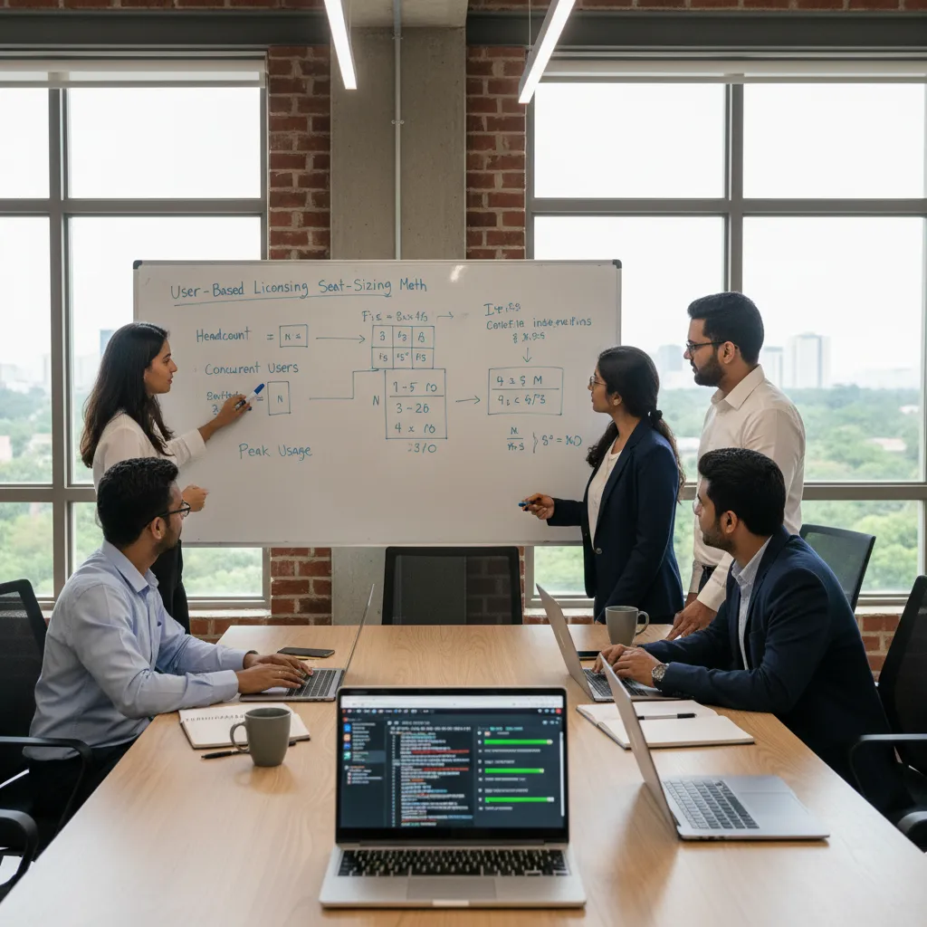 Indian DevOps and engineering-management team at a Bengaluru product office working through User-Based Licensing planning with CI/CD dashboards