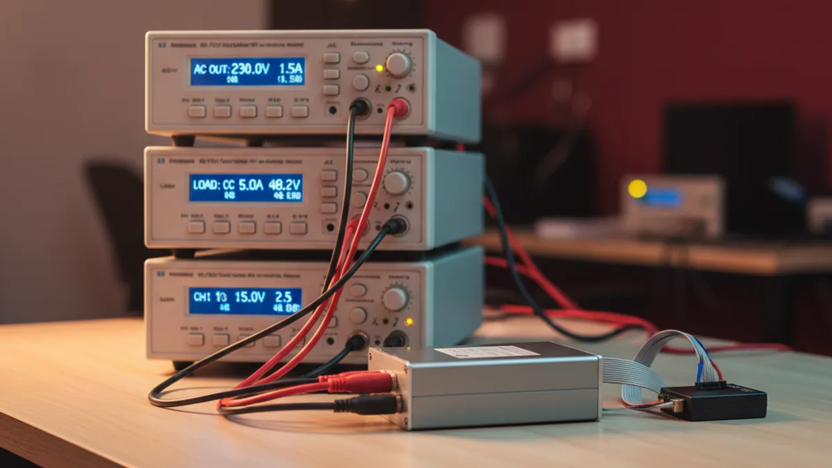 Automated EV charger test bench in India: GW Instek APS-7200 AC source, PEL-3111AH DC electronic load and GPP-7250 battery emulator with a Total Phase Komodo CAN Duo BMS emulator, integrated by GSAS Micro Systems