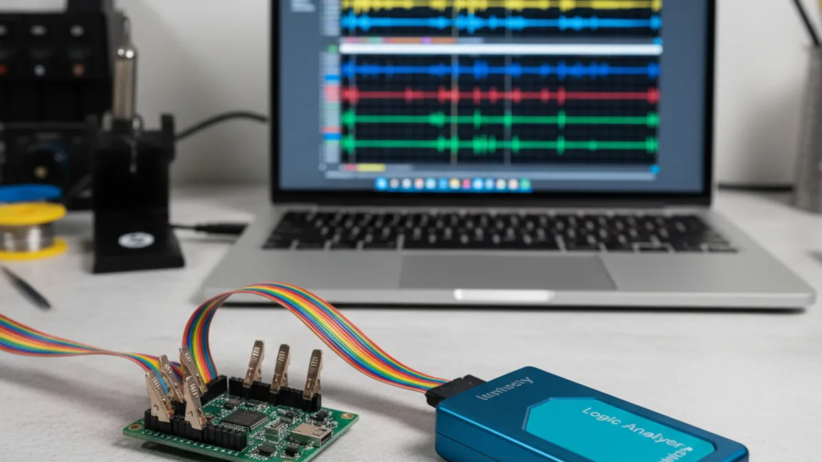USB logic analyzer with grabber clips on an embedded board, laptop showing decoded I2C/SPI digital timing, logic analyzer buying guide from GSAS Micro Systems