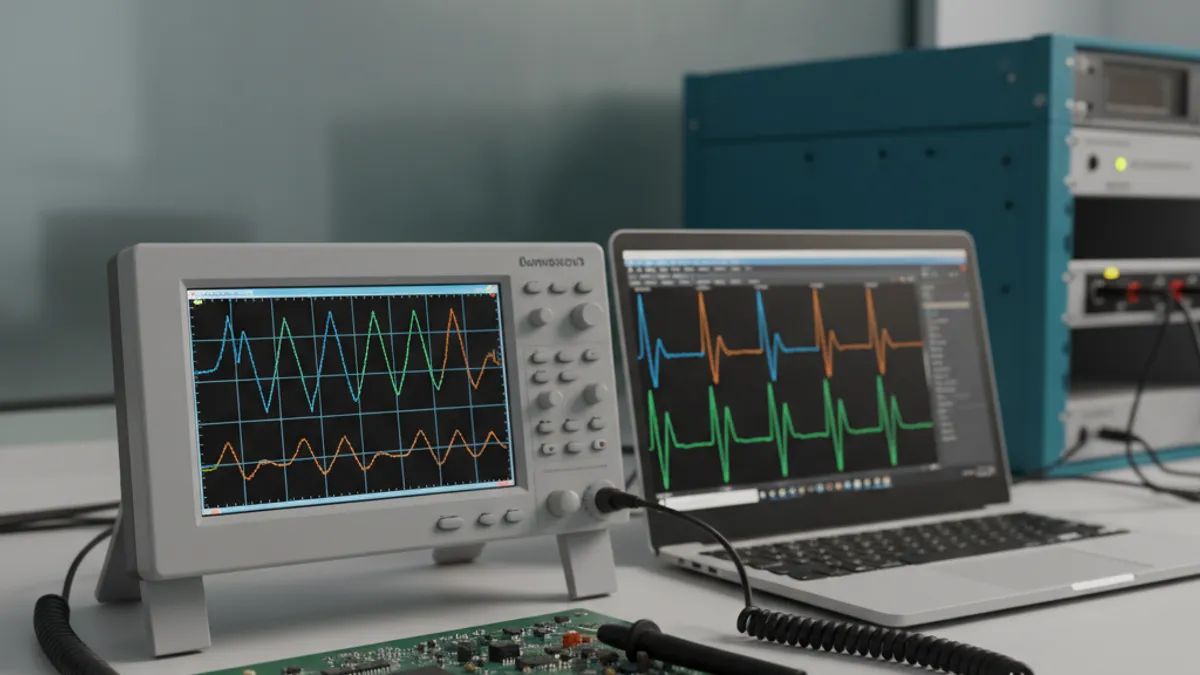 Benchtop and USB/PC oscilloscopes displaying multi-channel waveforms beside a probed circuit board on an Indian engineering bench, oscilloscope buying guide from GSAS Micro Systems