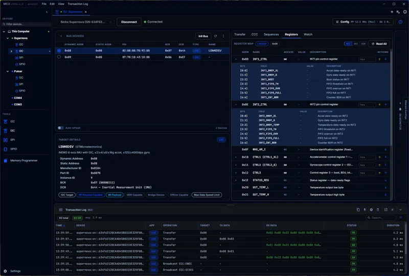 Binho Mission Control 3 I3C workbench in dark theme, available in India from GSAS
