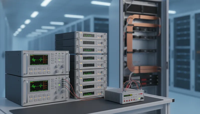 AI data center power test bench with electronic loads and data acquisition validating a high-density rack, GW Instek instruments available in India from GSAS