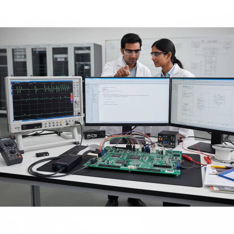 Arm DSTREAM trace probe connected to an Indian automotive zonal ECU on a functional safety bench with Arm Development Studio Streamline timeline