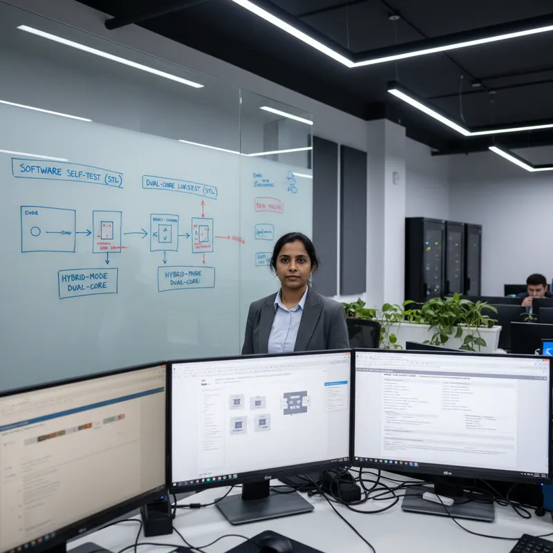Indian functional-safety architect at a Hyderabad automotive ECU design centre evaluating STL, DCLS, Split-Lock, and Hybrid Mode fault-detection techniques with Cortex-R52 and Cortex-A AE datasheets visible