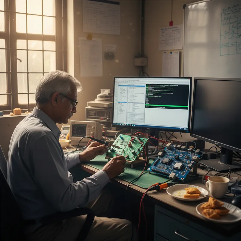 Indian senior firmware engineer in a Hyderabad embedded-systems lab maintaining legacy 8051 controller firmware on Keil µVision alongside a modern Cortex-M development board