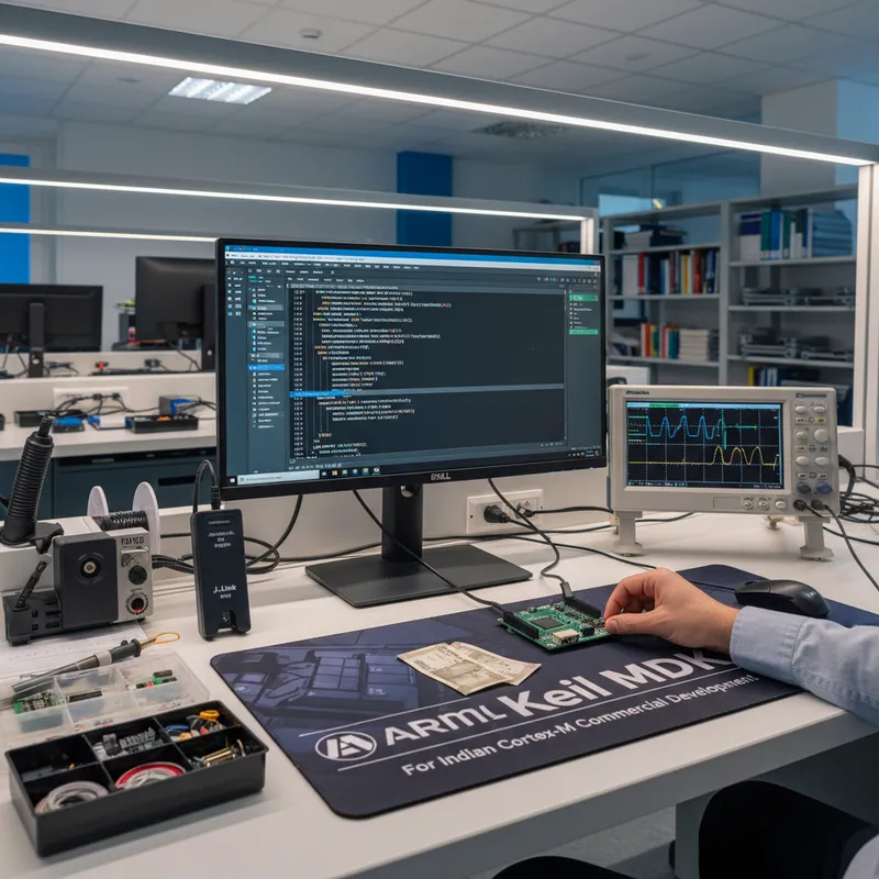 Arm Keil MDK-Professional µVision IDE on an engineer's workstation in a Bengaluru firmware lab, India