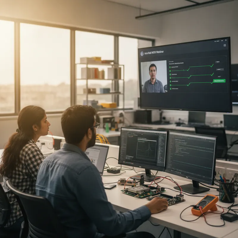 Two Cortex-M embedded engineers in a Bengaluru lab joining an Arm Keil MDK live webinar, with a CI/CD pipeline and an edge-AI model on screen
