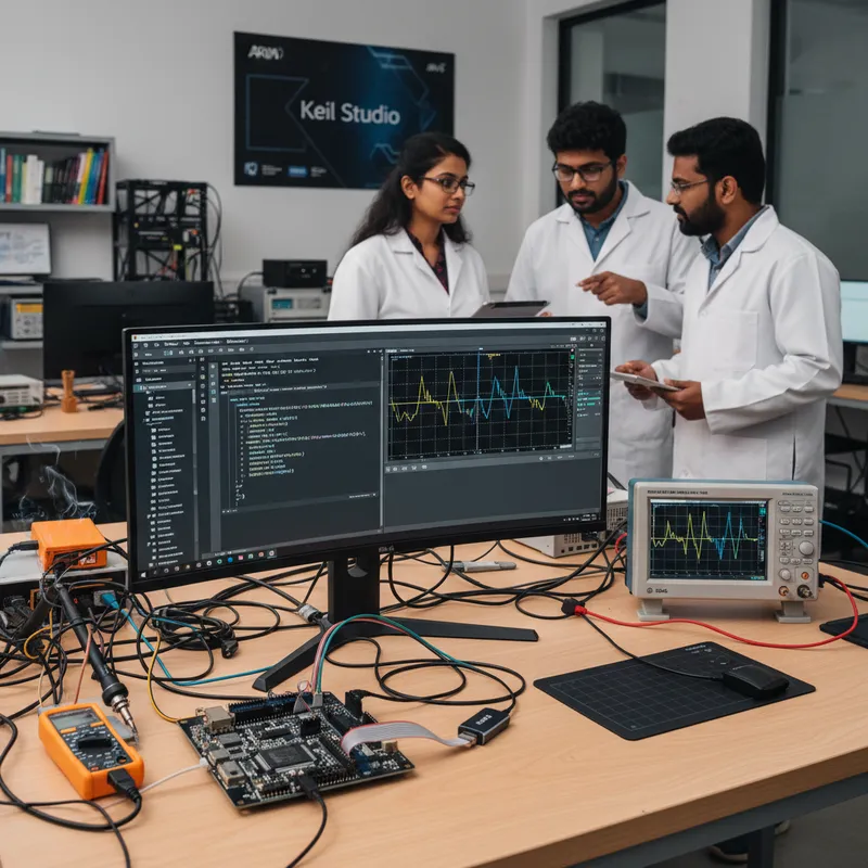 Arm Keil Studio running inside VS Code on a developer laptop with a ULINKpro probe on an Indian embedded engineering desk