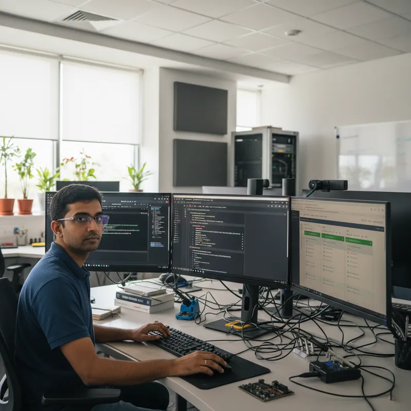Indian DevOps engineer at a Pune embedded-systems CI/CD lab configuring GitHub Actions pipelines for Cortex-M firmware with csolution and cbuild on multiple monitors