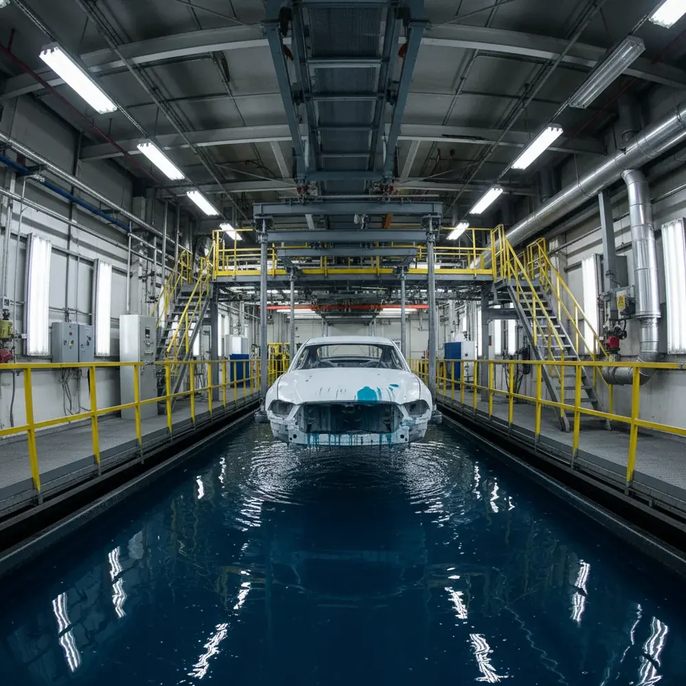 Automotive body-in-white entering electrocoating tank