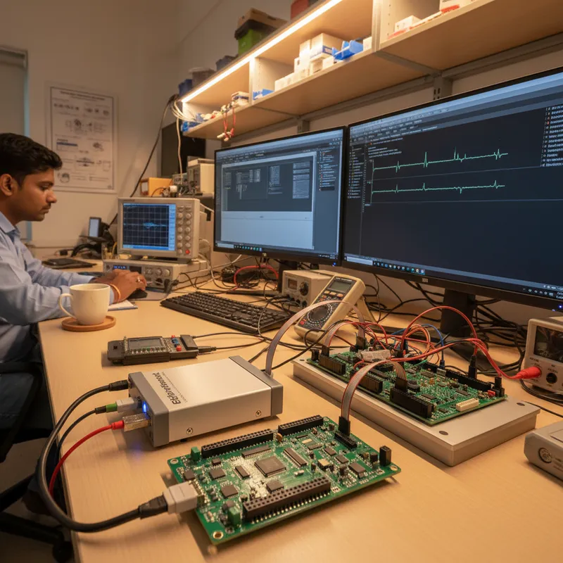 Elprotronic FlashPro 430 programmer wired to a TI MSP430 smart-meter board on an Indian EMS production line with FET-Pro430 software on screen