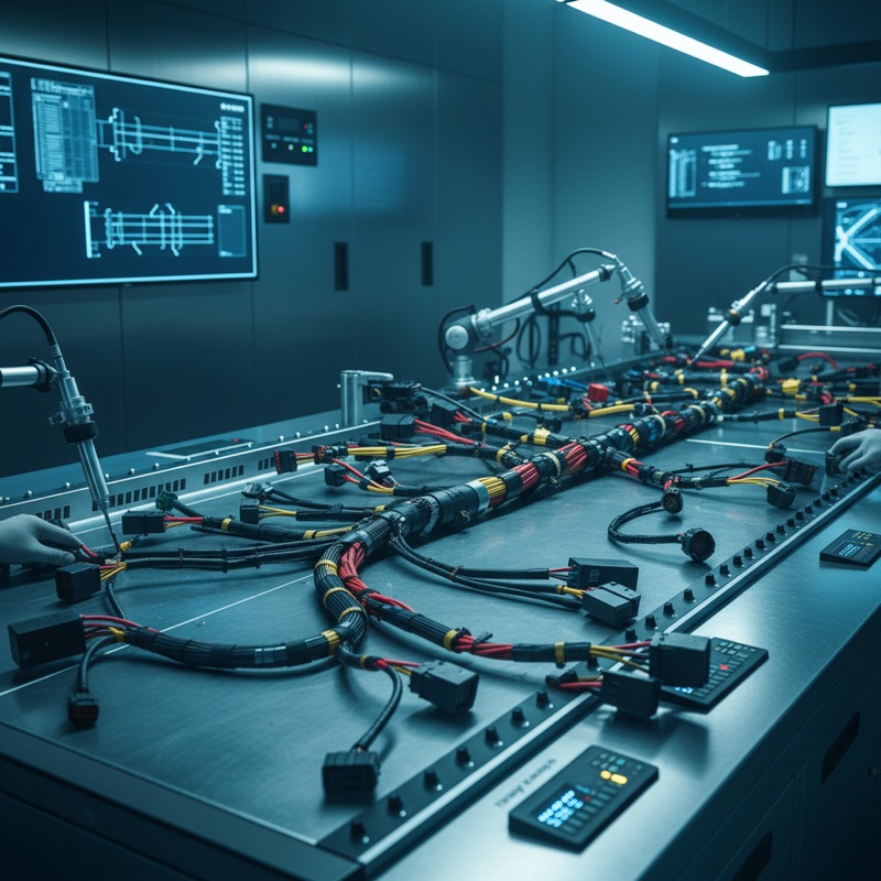 Automotive cable harness on test fixture in Indian manufacturing facility