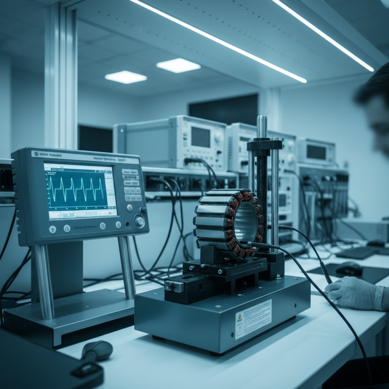 Microtest 7750 impulse winding tester displaying waveform comparison for motor winding quality inspection