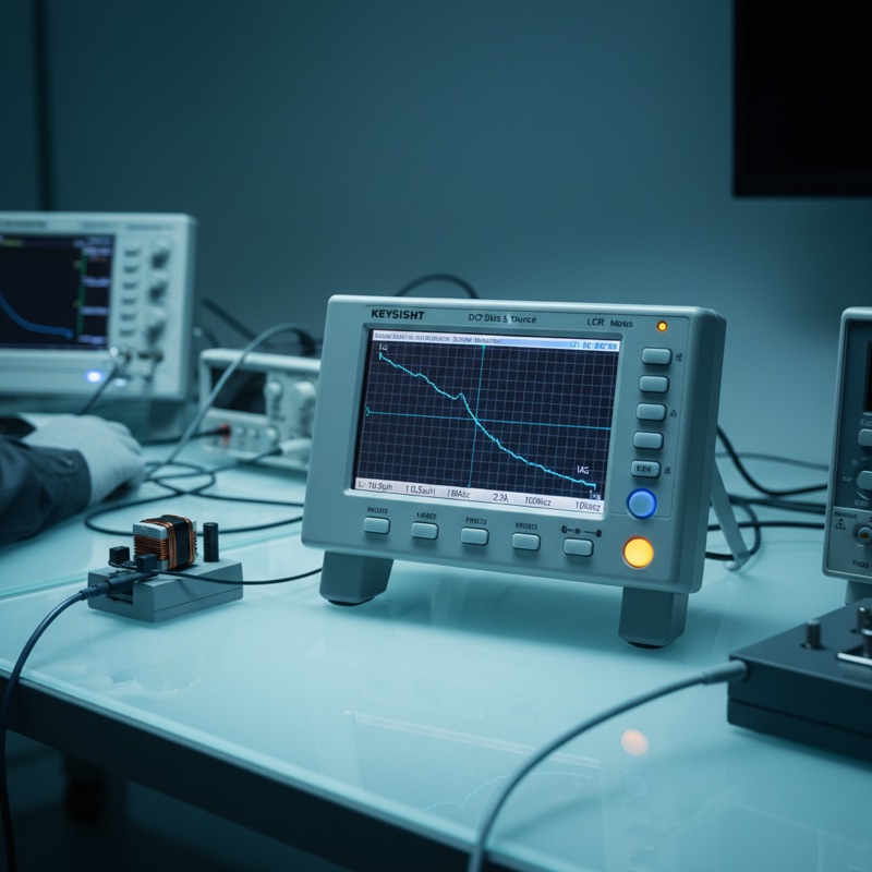 Inductor saturation curve showing inductance versus DC bias current measured on Microtest DC bias system