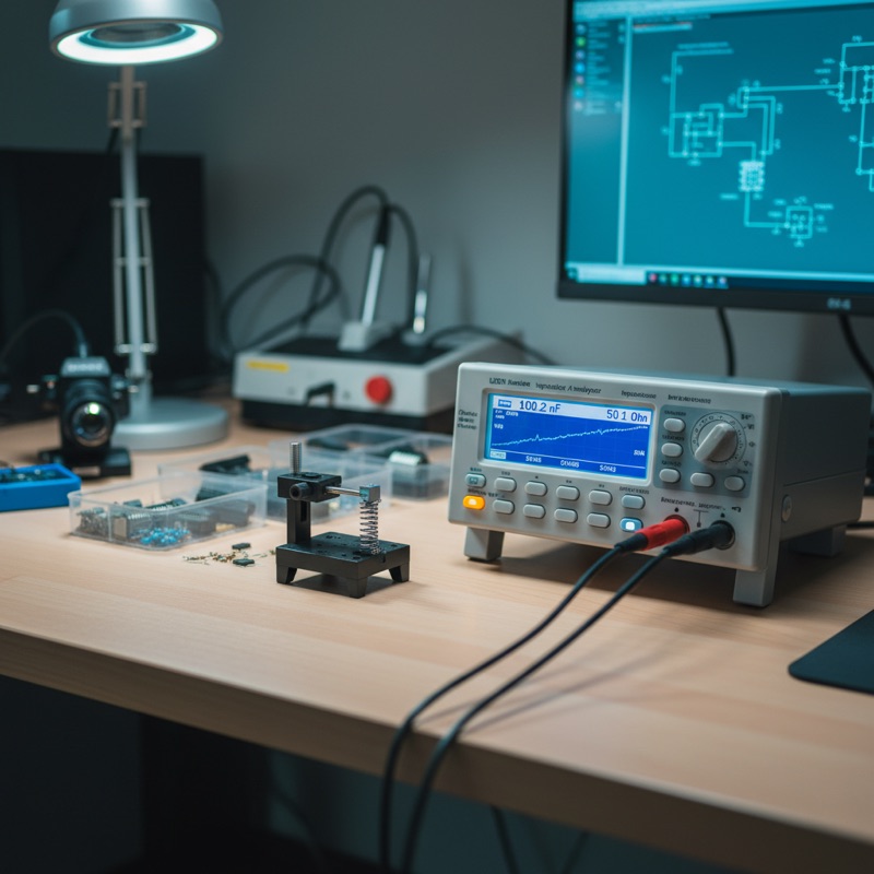 LCR meter and impedance analyzer on adjacent test benches in electronics lab
