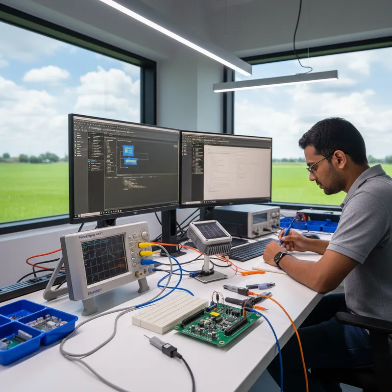 Indian agritech engineer using a PicoLog TC-08 thermocouple data logger for greenhouse climate monitoring research