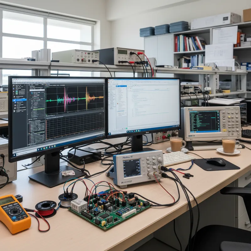 PicoScope 4262 16-bit oscilloscope on an Indian audio test bench measuring THD and low-noise analog signals