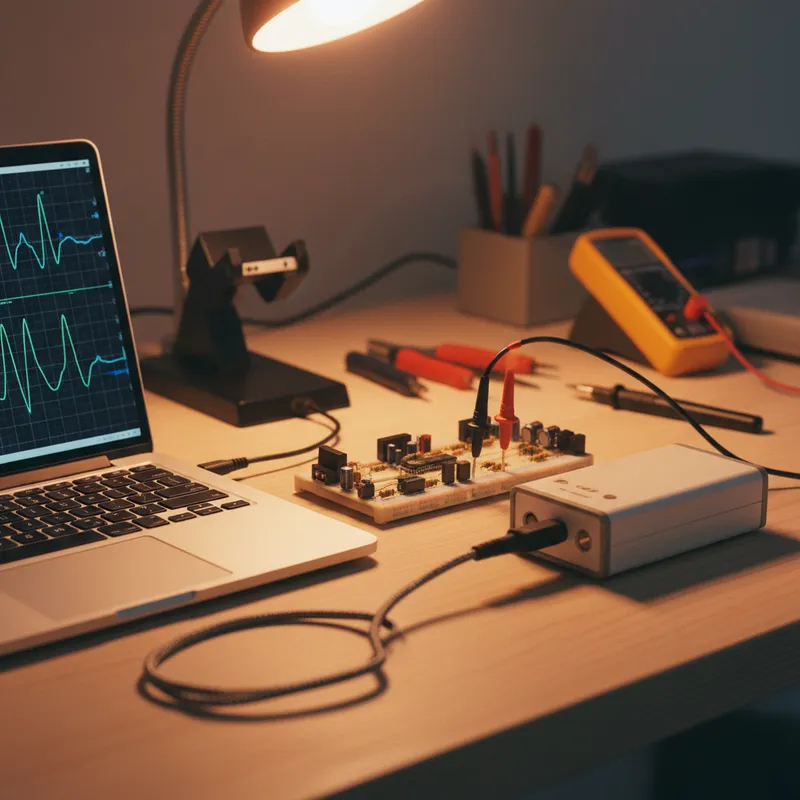 PicoScope 6000E USB oscilloscope connected to a laptop showing signal analysis
