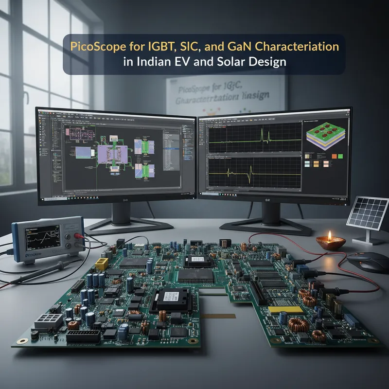 PicoScope 6000E FlexRes oscilloscope with differential probes capturing SiC MOSFET switching waveforms in an Indian EV power electronics lab