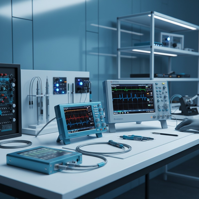 PicoScope USB oscilloscope next to a traditional benchtop oscilloscope for comparison