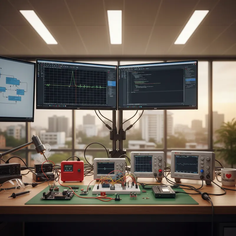 Indian hardware startup engineer using a PicoScope 2205A MSO USB oscilloscope alongside a Rigol benchtop scope