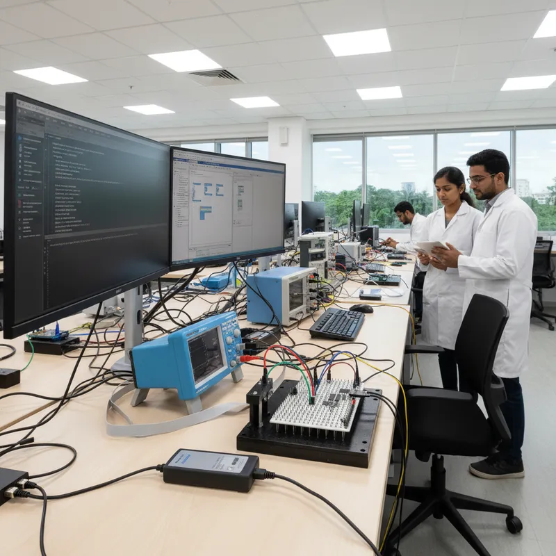 Indian production line test rig running a C++ PicoSDK application driving a PicoScope 5000D oscilloscope