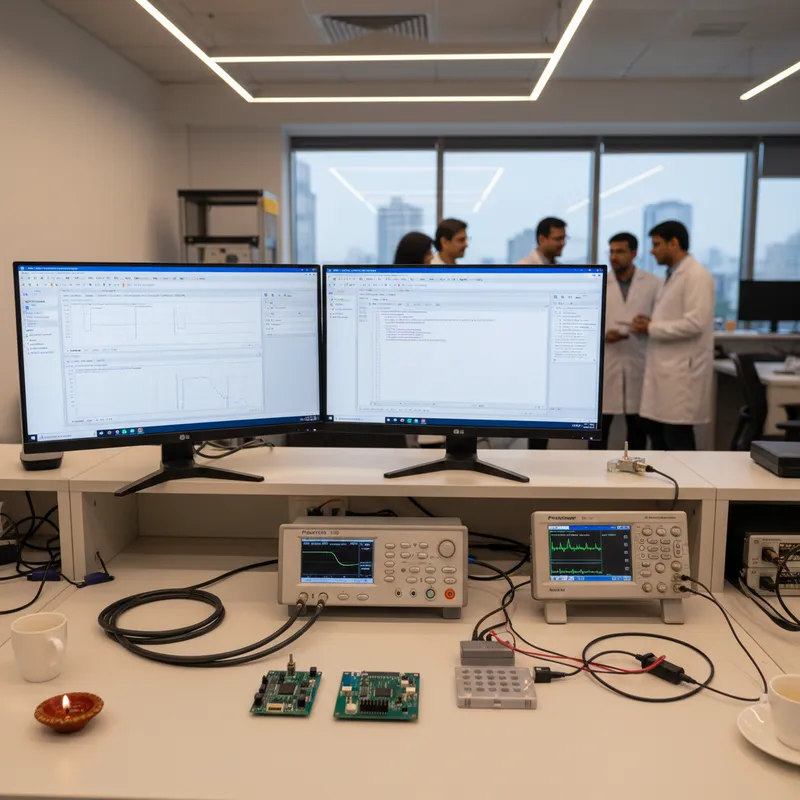 PicoVNA 108 connected to a TRL calibration fixture on a signal-integrity test bench in a Bengaluru semiconductor lab
