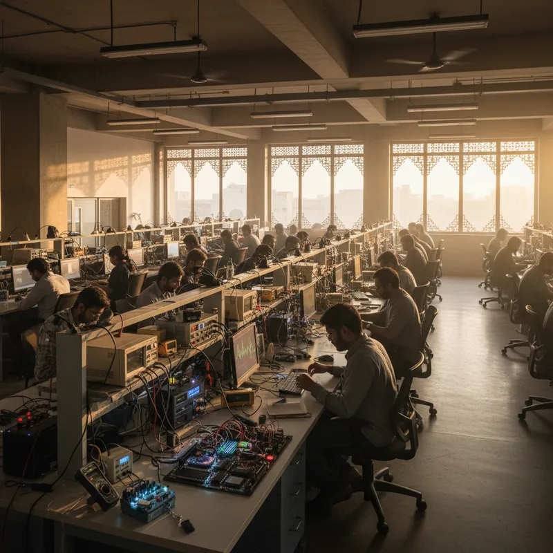 Modern production IC programming station in an Indian electronics factory