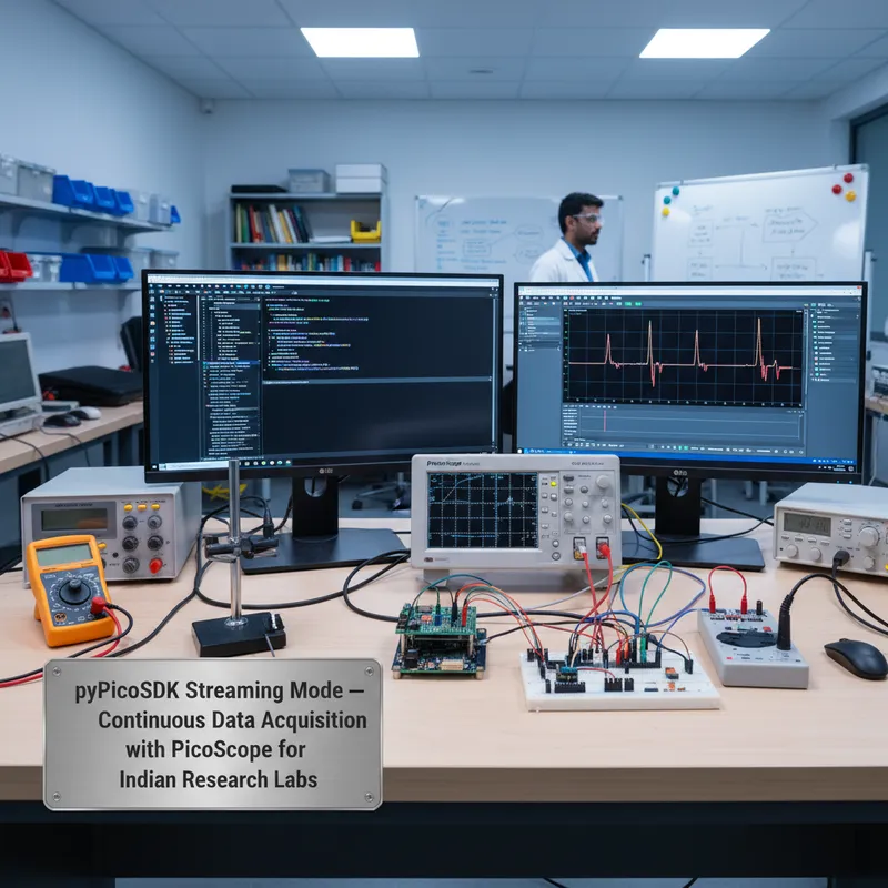 Indian research engineer running a pyPicoSDK streaming capture on a PicoScope 6000E oscilloscope
