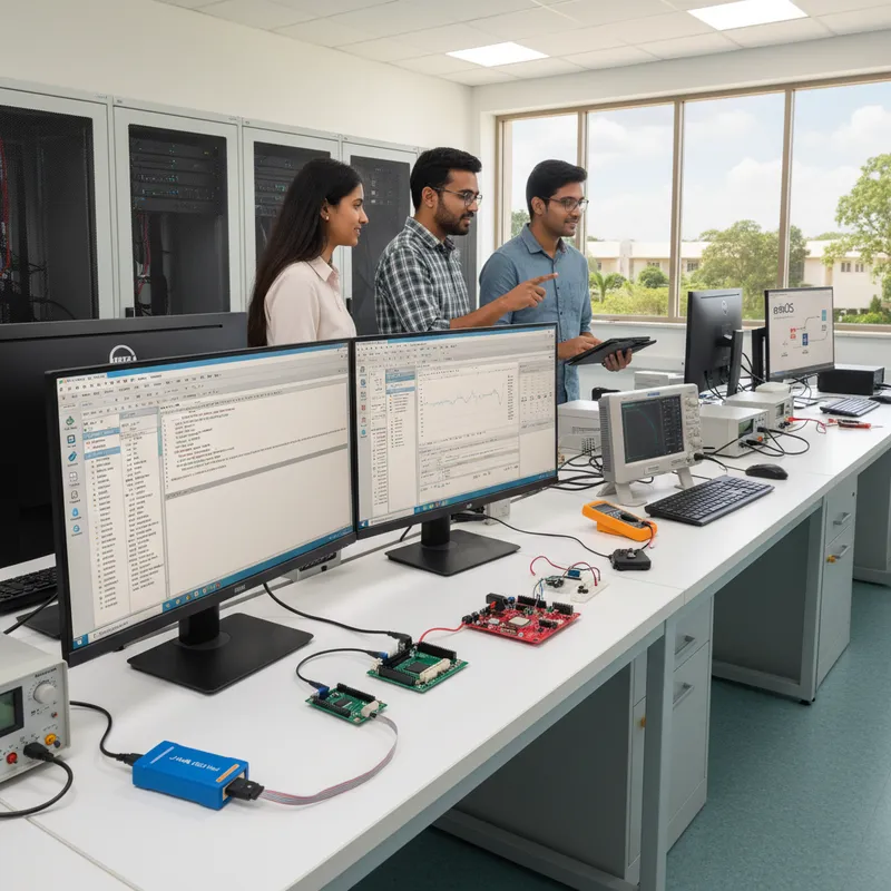 Engineering students at an Indian university lab using SEGGER J-Link EDU Mini and Embedded Studio