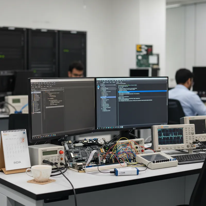 Indian embedded DevOps engineer running SEGGER Embedded Studio emBuild from a Linux CI runner pipeline with CMakeLists.txt and J-Link hardware-in-the-loop rig