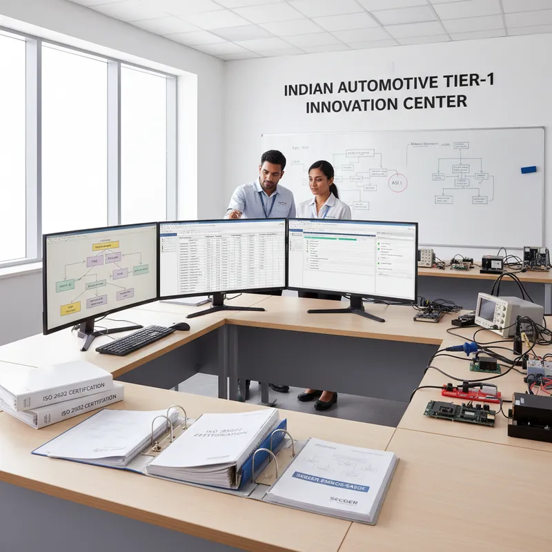 Functional safety engineer reviewing ISO 26262 evidence package with SEGGER embOS-Safe on an Indian automotive Tier-1 desk