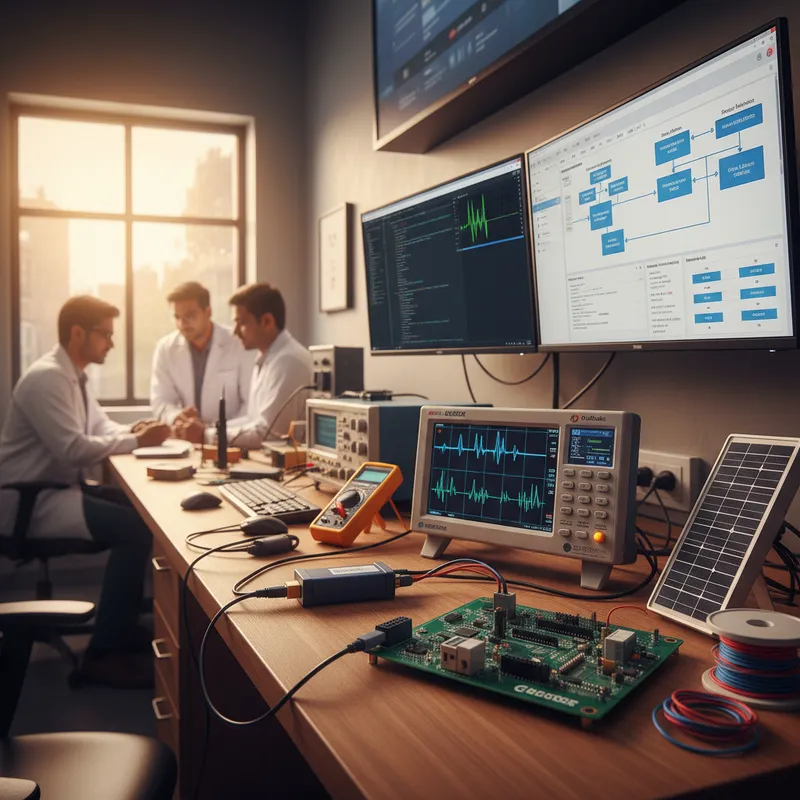 Indian factory engineer wiring SEGGER emModbus on an STM32 controller to RS-485 bus connecting PLCs, energy meters, and solar inverters at an Indian industrial plant