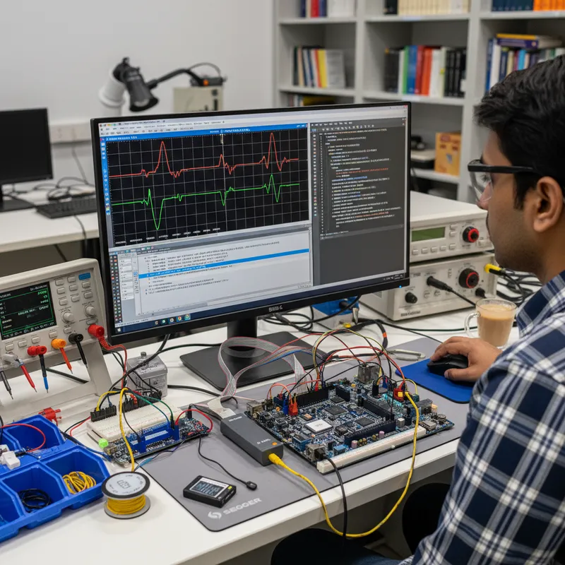 Indian embedded engineer signing firmware with SEGGER emSecure-RSA on a Cortex-M bootloader workstation