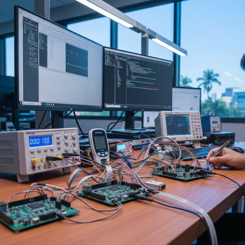 Indian medical device engineer testing SEGGER emUSB-Host on an STM32H7 board with USB mass storage stick and barcode scanner attached for patient ID capture