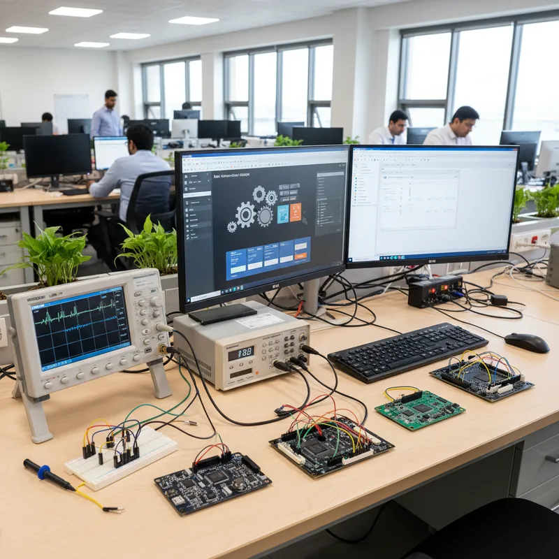 Indian HMI designer using SEGGER AppWizard to lay out a touchscreen dashboard for an EV charging station while the firmware engineer tests it on an STM32H7 board
