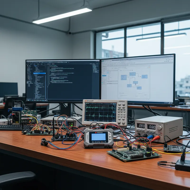SEGGER Flasher Portable PLUS battery-powered production programmer in use by an Indian field service engineer updating firmware on an installed industrial controller