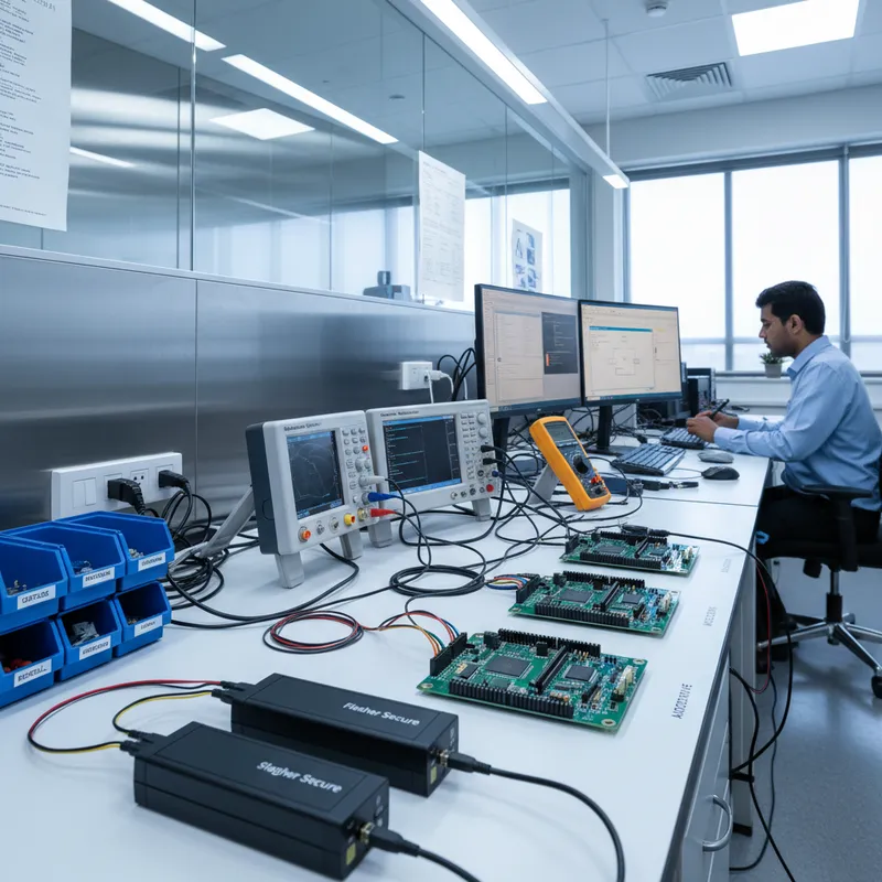 SEGGER Flasher Secure production programmer on an Indian defence electronics manufacturing line