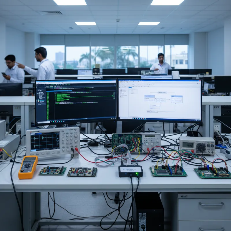 Indian EMS production line test PC running JLinkExe script to flash and verify a Cortex-M board with a J-Link PRO probe and fixture