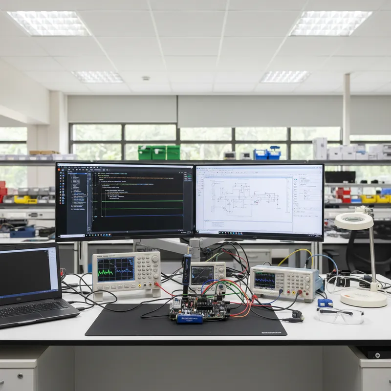 SEGGER J-Link PRO debug probe connected to a Cortex-M development board on an Indian commercial firmware bench with Ozone debugger on screen