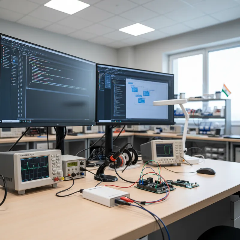 SEGGER J-Link connected to an Espressif ESP32 development board in an Indian engineering lab