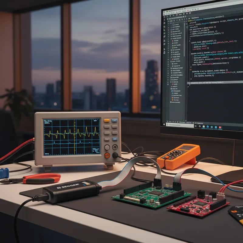 SEGGER J-Link connected to a GigaDevice GD32 development board on an Indian engineering workbench