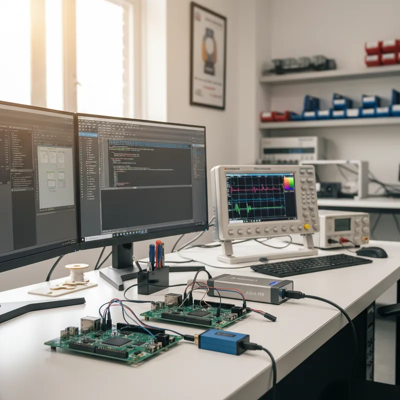 SEGGER J-Link PRO debug probe connected to an STM32 Discovery board SWD header in an Indian embedded engineering lab