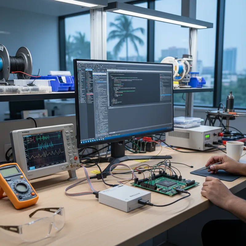 SEGGER J-Link debug probe connected to STM32 development board in an Indian engineering lab